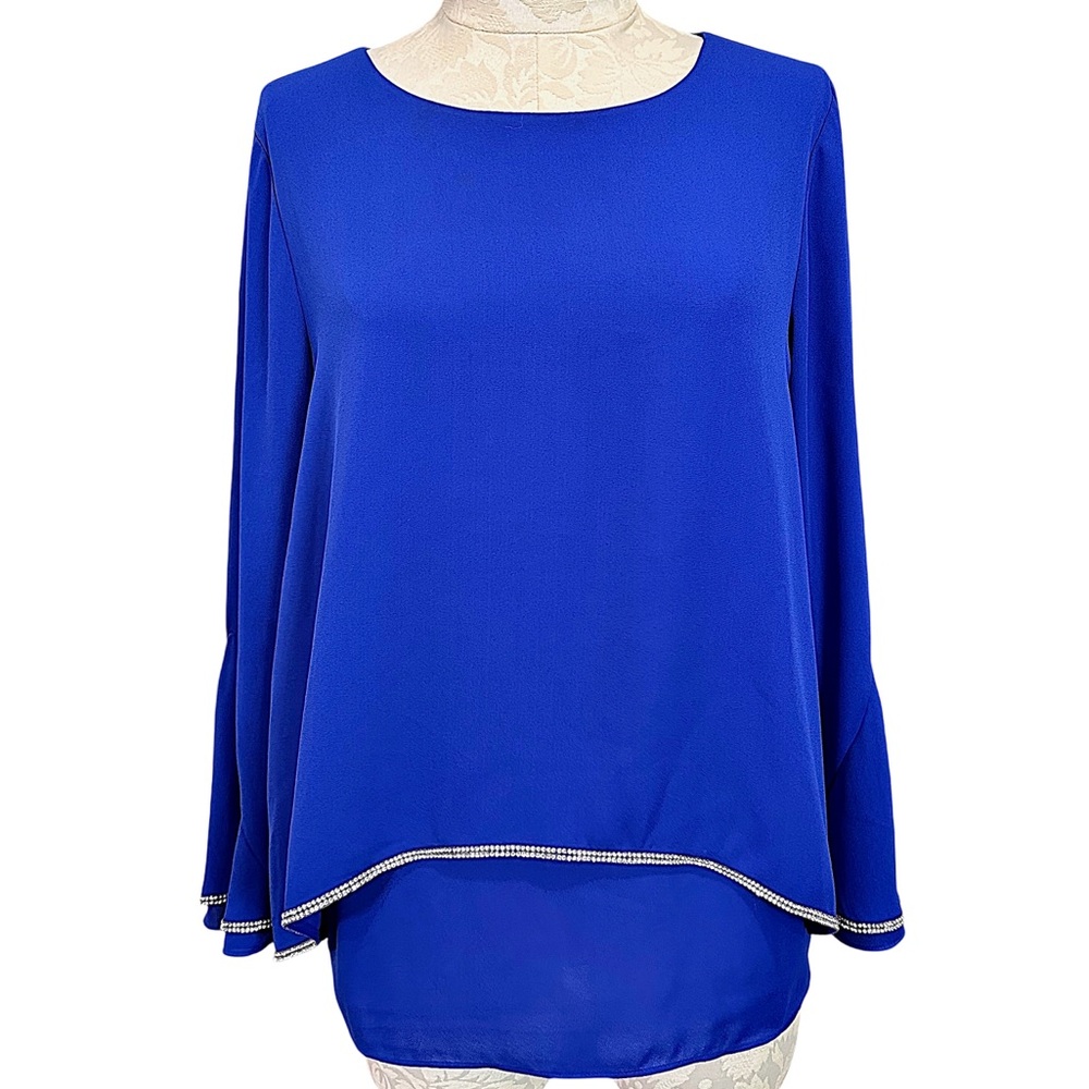 LAURA Rhinestone Trim Layered Blouse Bell Sleeves Electric Cobalt Blue